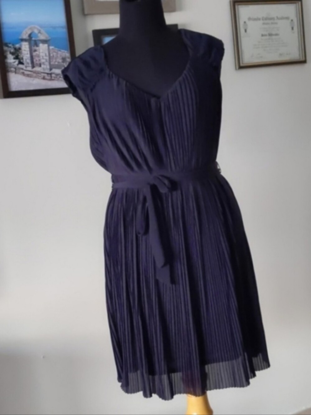 H&M Navy Pleated Mini Dress With Belt Like New-4/Small - Picture 1 of 4